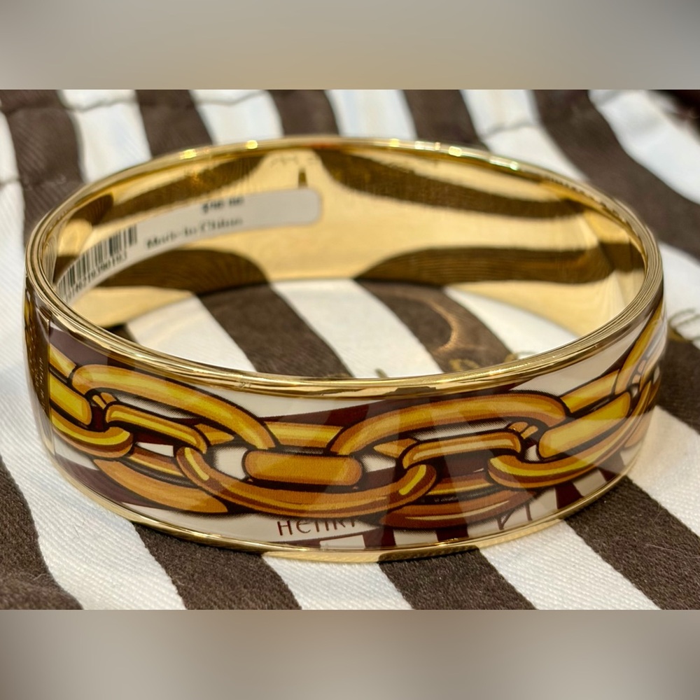 NWT RARE HENRI BENDEL Gold and Brown Enamel Chain-Print Bangle Bracelet/dust bag
